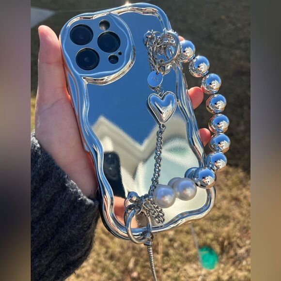 Silver Mirror iPhone 16 Pro Case with Chain and Beads - Picture 9 of 9